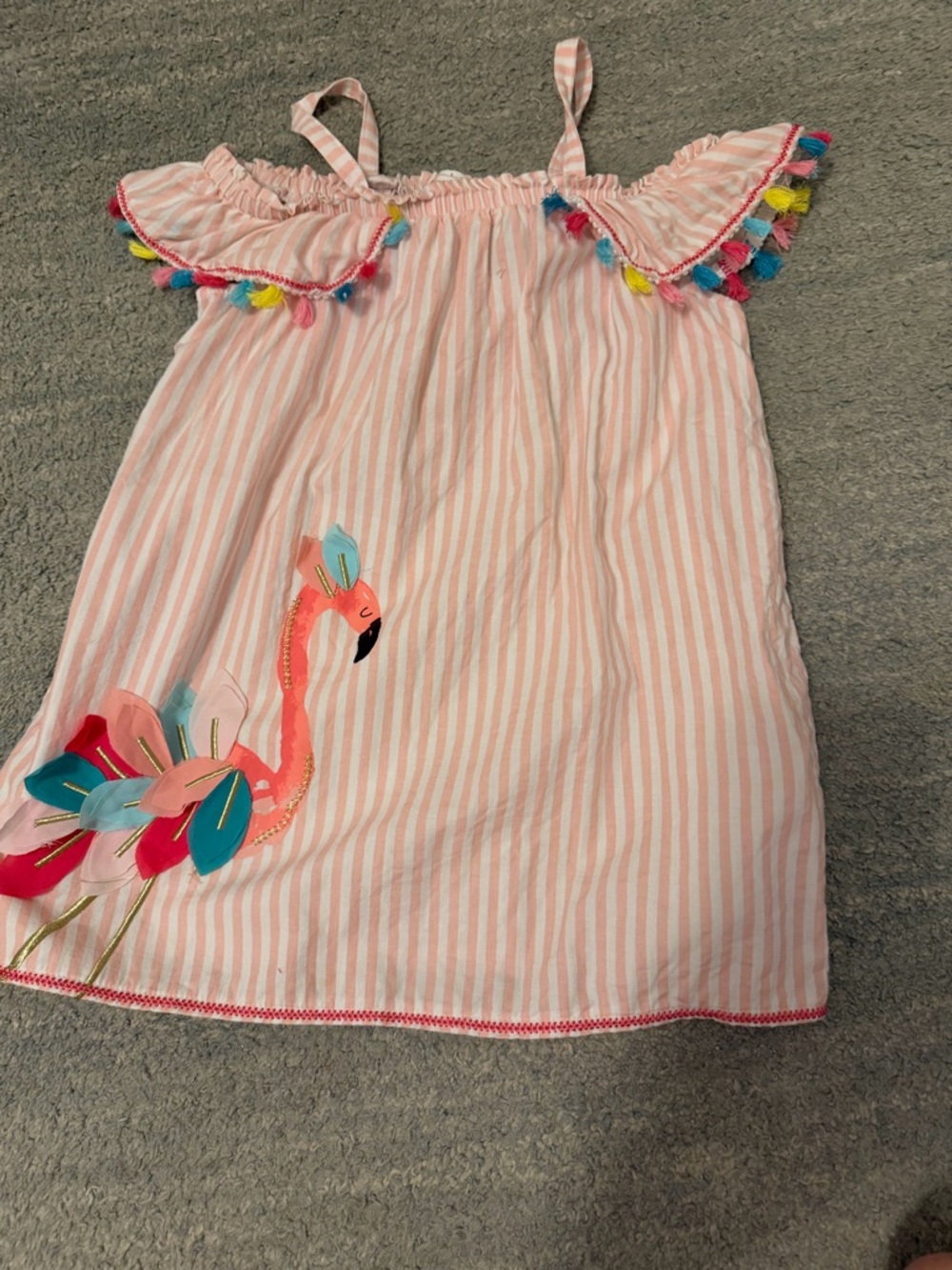 Mud Pie Pink Stripe Flamingo Girls Sundress with Multicolor Tassels